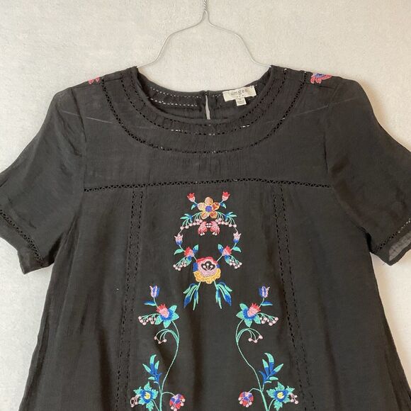 Umgee Mini Dress Womens S Black Floral Embroidered Short Sleeve Boho Lined - Picture 2 of 10